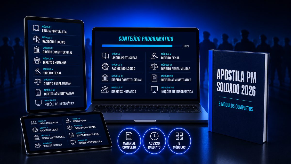 Apostila PM Soldado 2026 exibida em tablet, notebook e livro impresso, com os oito módulos do conteúdo programático